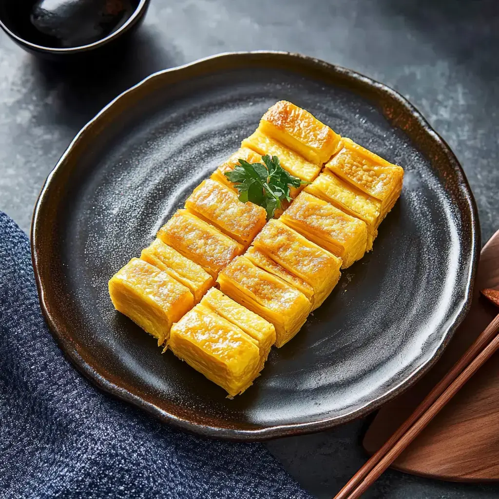 A black plate holds neatly arranged slices of yellow tamagoyaki, garnished with a sprig of green parsley.