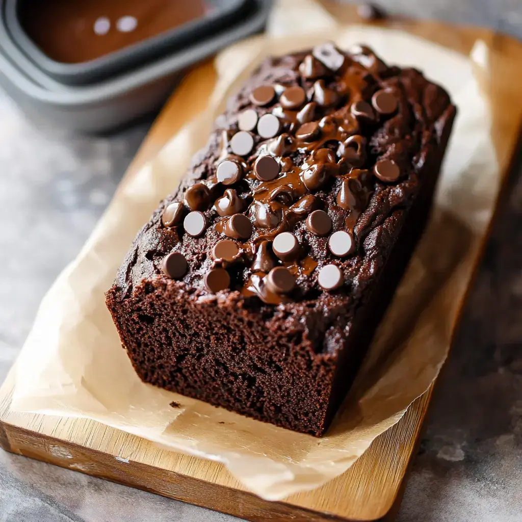 A freshly baked chocolate loaf cake topped with melted chocolate chips, placed on a wooden cutting board.