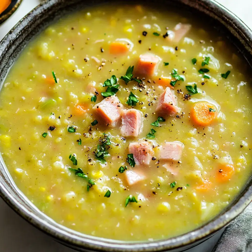 A bowl of hearty split pea soup garnished with diced ham, carrots, and fresh parsley.