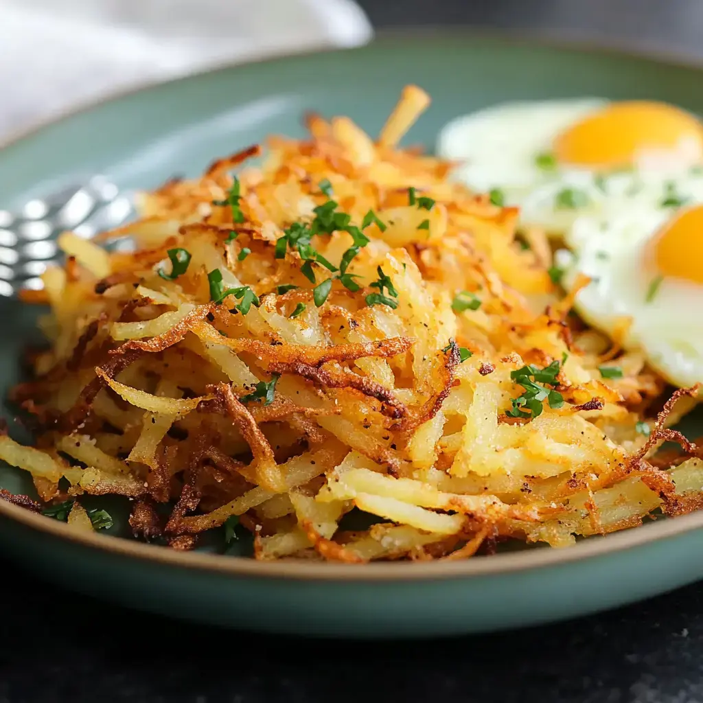 A plate of crispy golden hash browns topped with chopped parsley, accompanied by two sunny-side-up eggs.