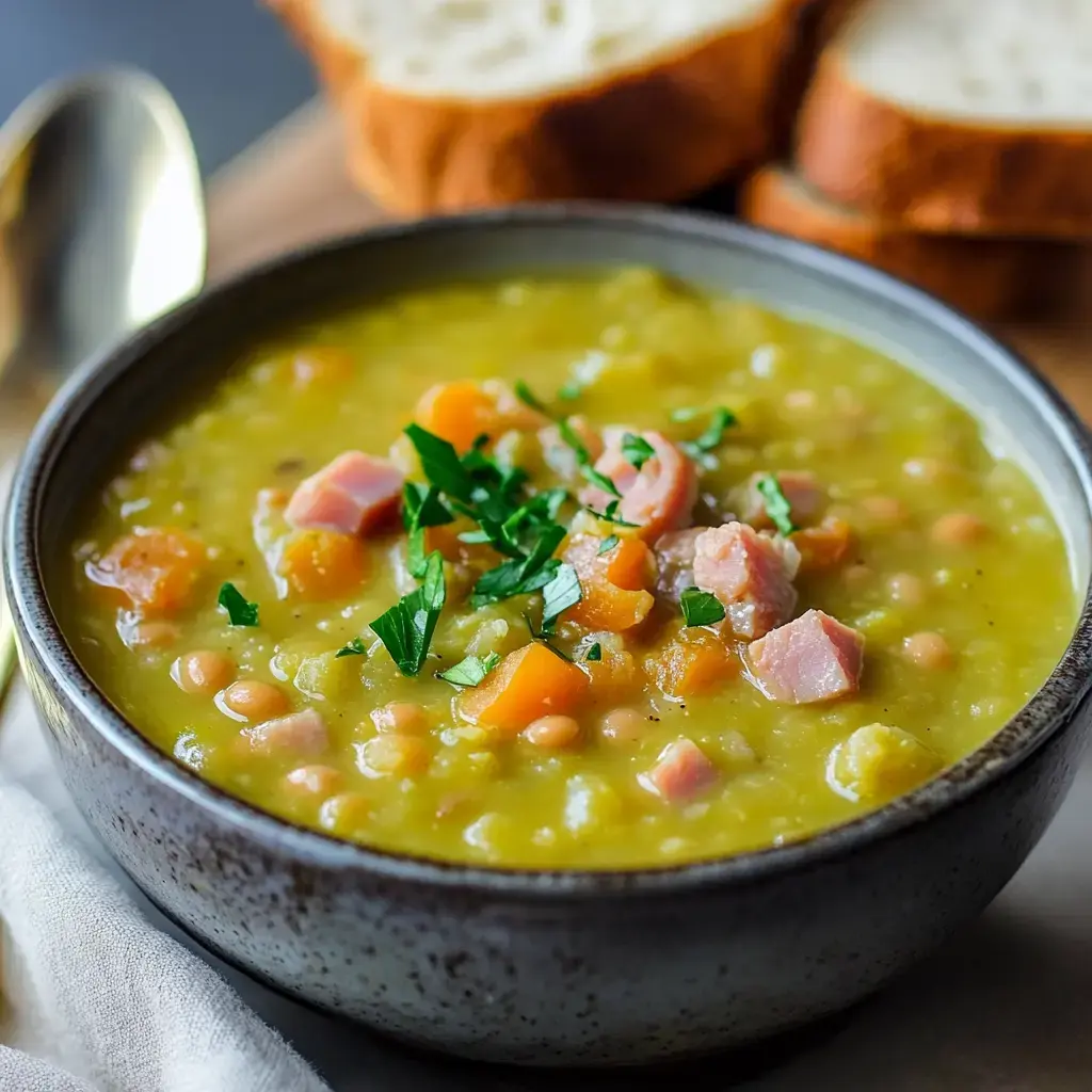 A bowl of hearty pea soup with pieces of ham and carrots, garnished with parsley, sits beside slices of bread.