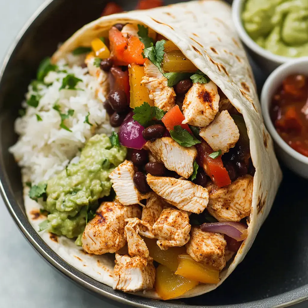 A close-up of a burrito filled with seasoned chicken, black beans, colorful bell peppers, and topped with guacamole and cilantro, served alongside rice and salsa in small bowls.