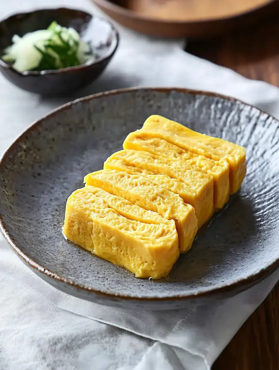 A serving of sliced, golden tamagoyaki (Japanese rolled omelette) on a textured gray plate, accompanied by a small bowl of garnished vegetables.