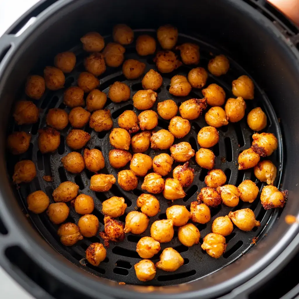 A close-up view of cooked, golden-brown chickpeas in an air fryer basket.