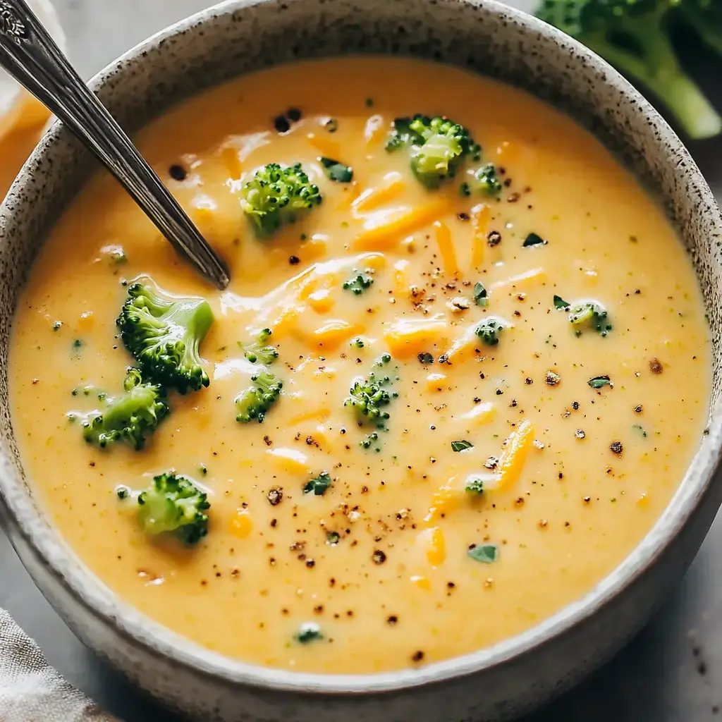 A bowl of creamy broccoli cheese soup with a spoon, featuring chunks of broccoli and garnished with black pepper.