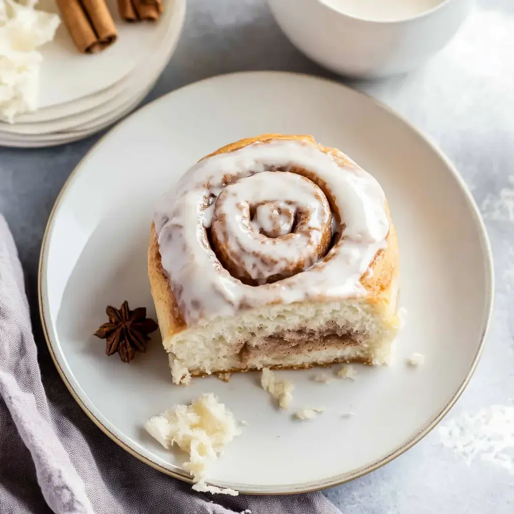 A close-up of a partially eaten cinnamon roll with icing on a plate, accompanied by a cinnamon stick and a small cup of milk.