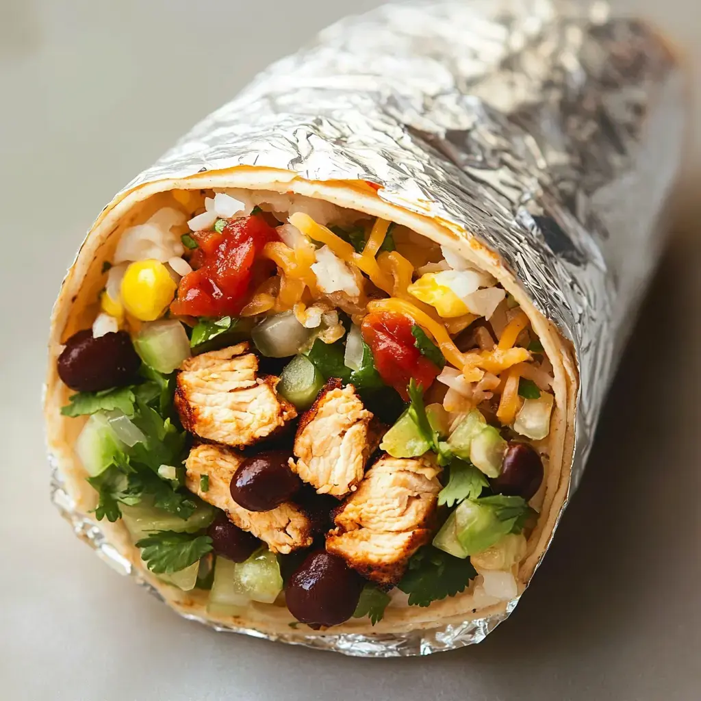 A close-up of a burrito wrapped in foil, filled with grilled chicken, black beans, rice, corn, diced tomatoes, cheese, and fresh vegetables.