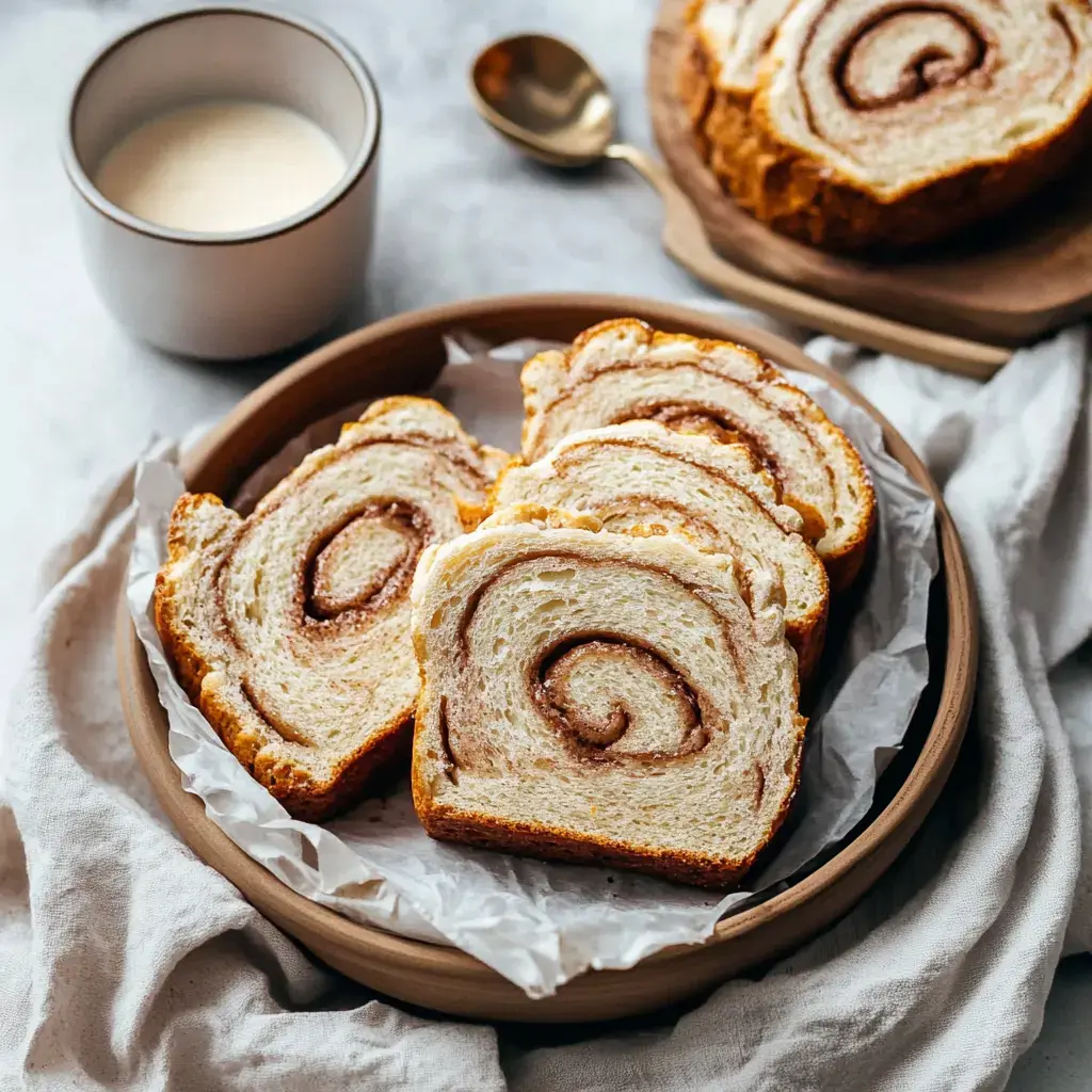 A plate of sliced cinnamon swirl bread is accompanied by a cup of cream and a golden spoon, set on a light-colored surface.