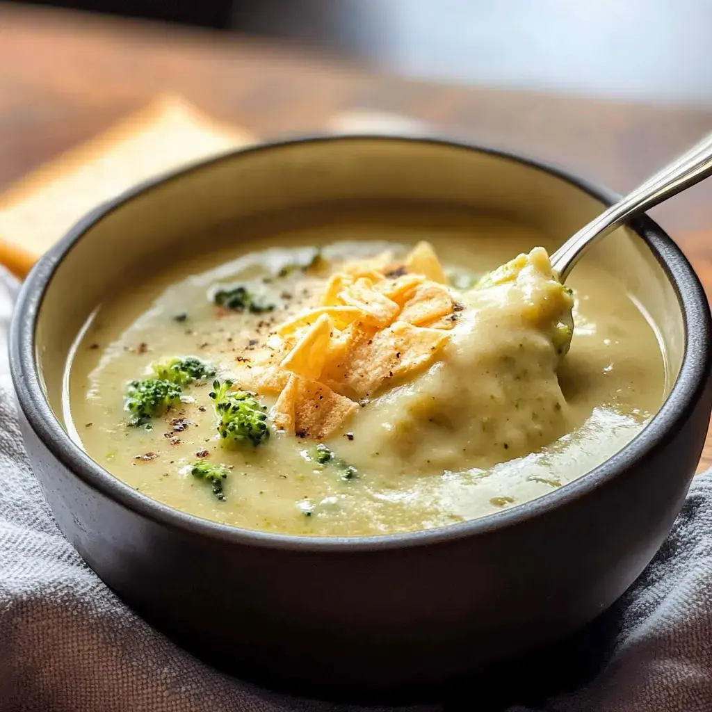 A bowl of creamy broccoli soup topped with crispy tortilla strips, served with a spoon.