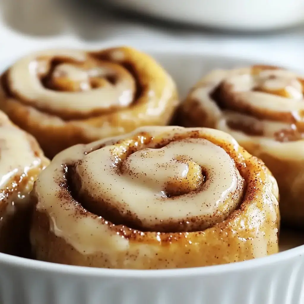 A close-up of freshly baked cinnamon rolls drizzled with creamy icing and sprinkled with cinnamon.