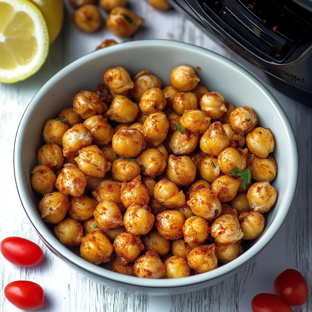 A bowl of seasoned, roasted chickpeas surrounded by cherry tomatoes and lemon slices.