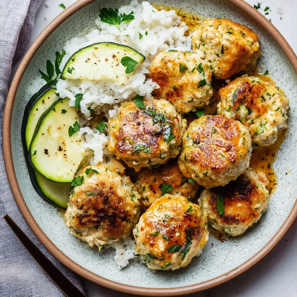 A bowl filled with rice, zucchini slices, and golden-brown meatballs garnished with parsley.