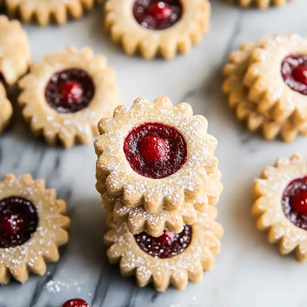 A stack of flower-shaped cookies filled with red jam and dusted with powdered sugar, surrounded by more cookies on a marble surface.