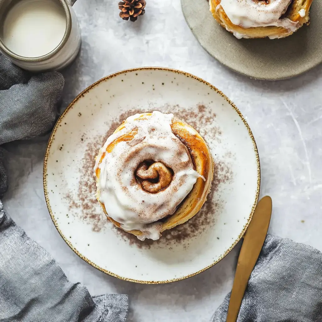 A freshly glazed cinnamon roll sits on a decorative plate beside a small jug of milk and a golden knife, with a grey cloth nearby.