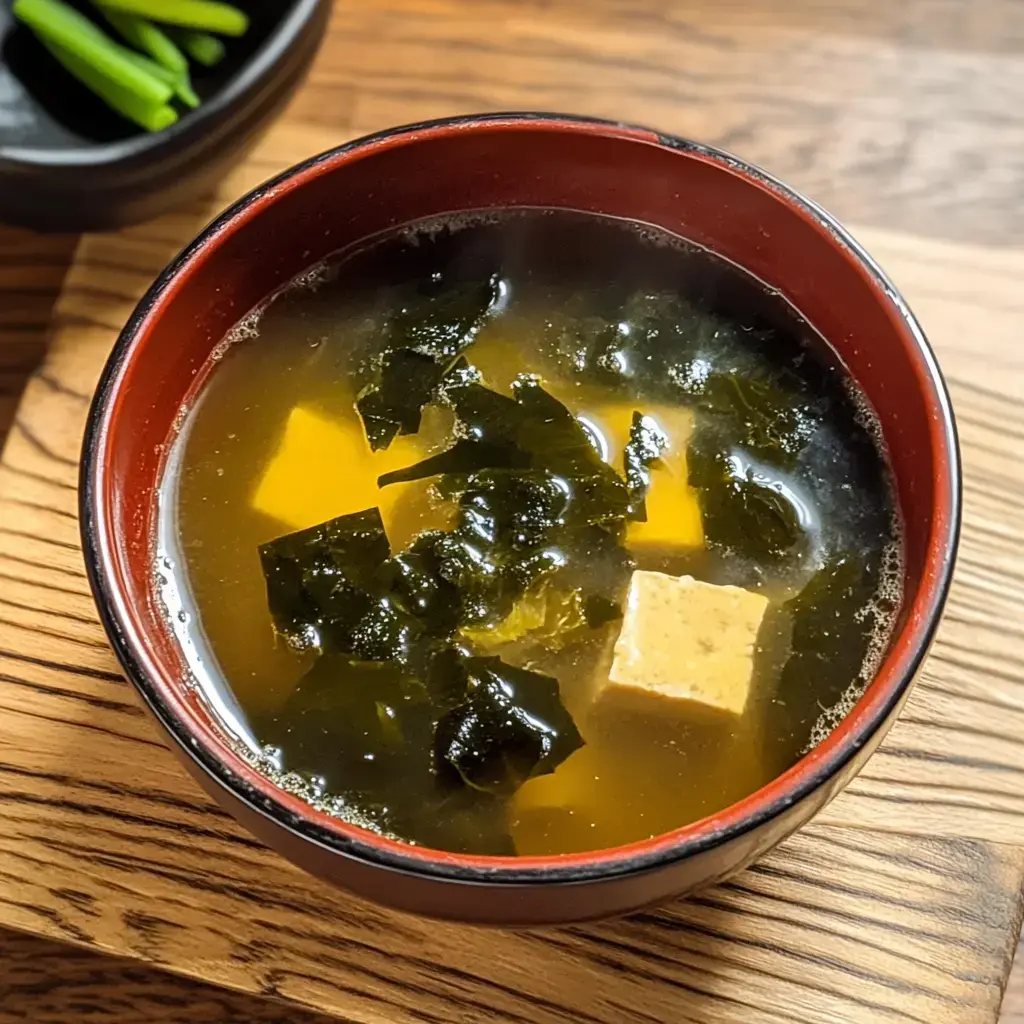 A bowl of miso soup containing seaweed and tofu, placed on a wooden surface.