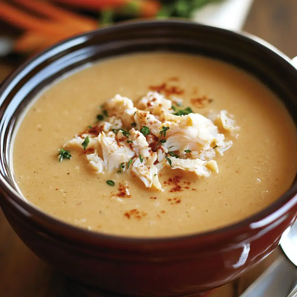 A bowl of cream-colored soup topped with shredded white fish, herbs, and a sprinkle of paprika.