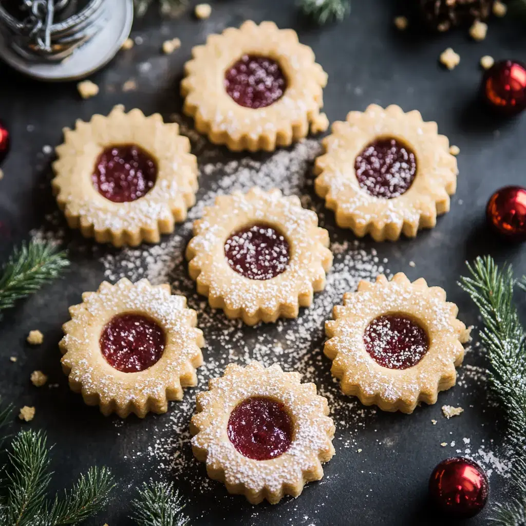 A top-down view of festive cookies with jelly centers, dusted with powdered sugar, surrounded by pine branches and holiday ornaments.