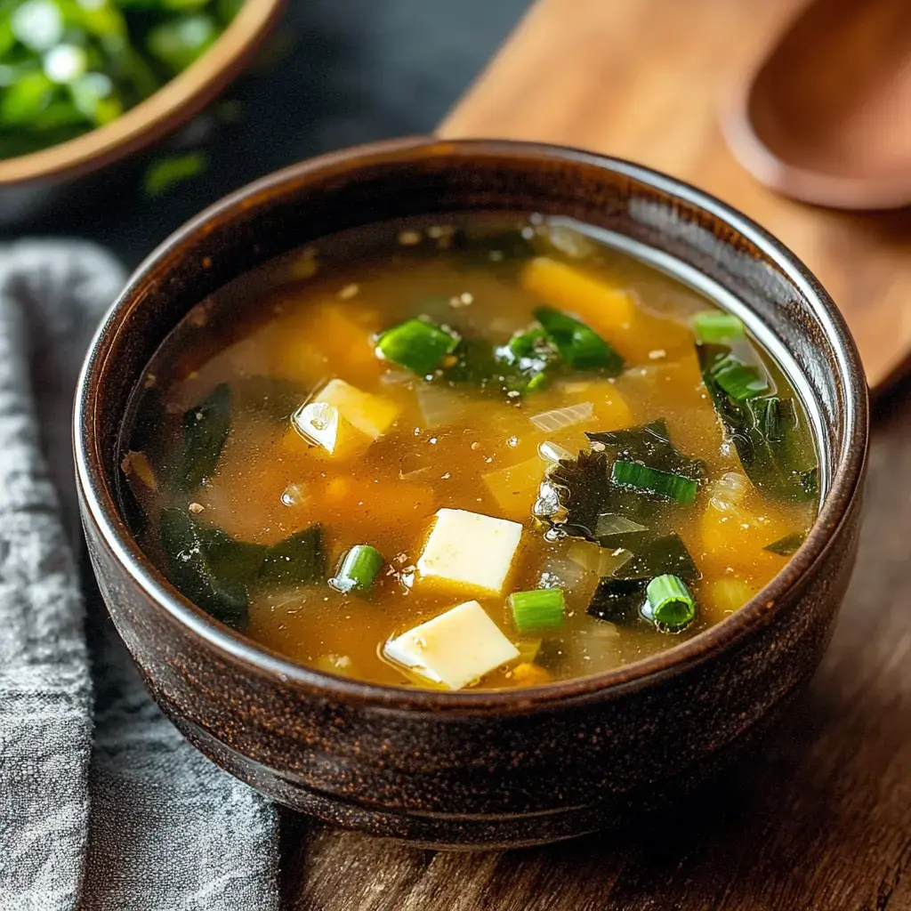 A bowl of soup containing tofu, seaweed, and green onions on a wooden table.