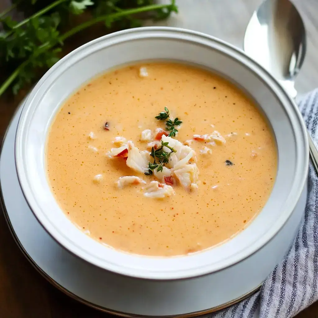 A creamy soup garnished with crab meat and fresh herbs in a white bowl.