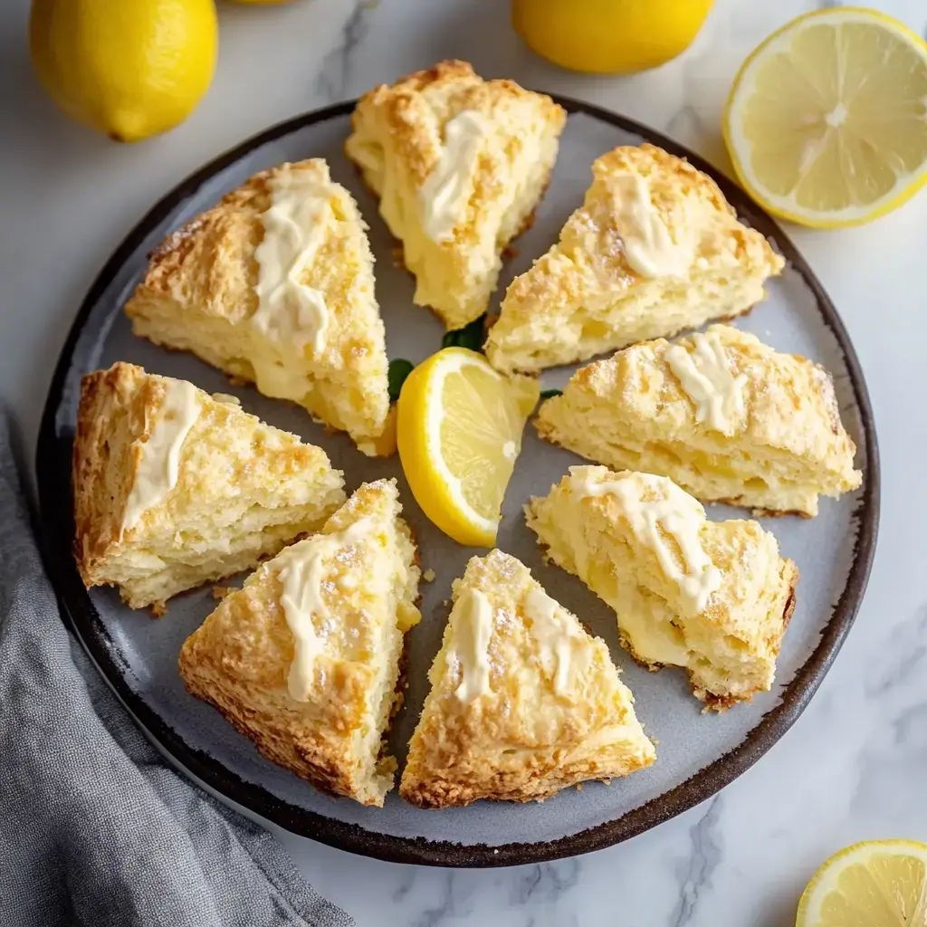 A plate of lemon scones drizzled with icing, with a few scones cut and a slice of lemon nearby.