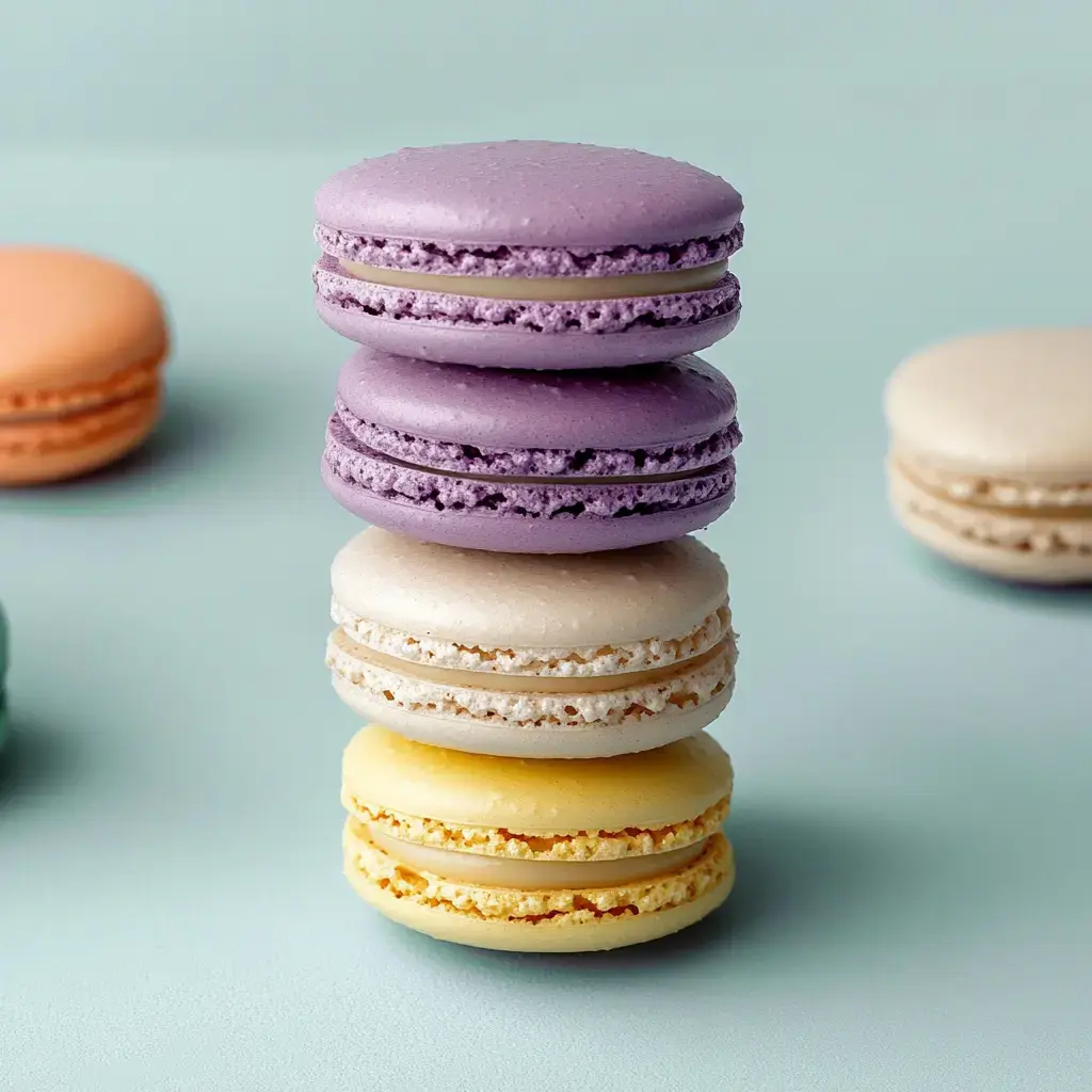 A stack of colorful macarons, including purple, white, and yellow, is displayed against a soft pastel background.