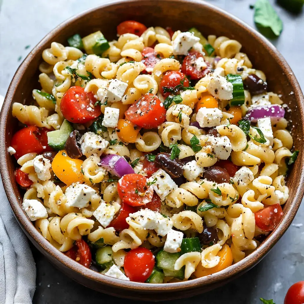 A colorful bowl of pasta salad featuring rotini pasta, cherry tomatoes, bell peppers, cucumbers, olives, feta cheese, and fresh herbs.