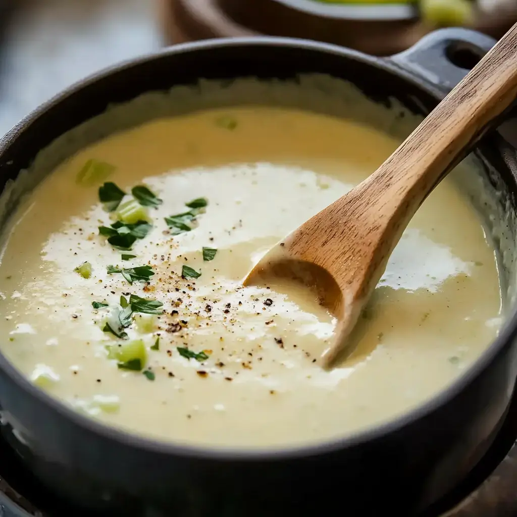 A bowl of creamy soup garnished with herbs and served with a wooden spoon.