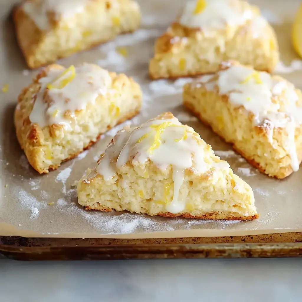 A close-up of lemon scones drizzled with icing, arranged on parchment paper, sprinkled with a dusting of flour.