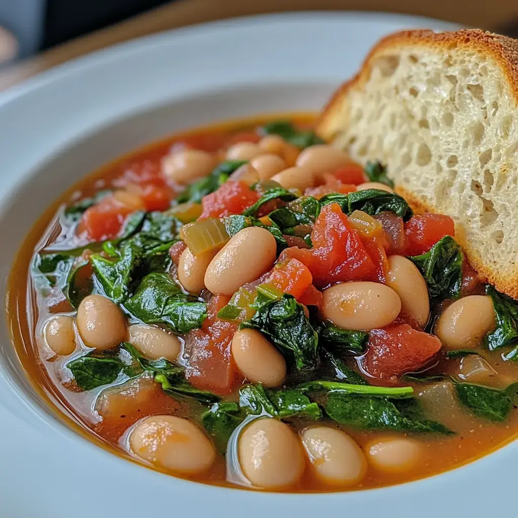 A bowl of white bean soup with tomatoes and spinach, accompanied by a slice of crusty bread.