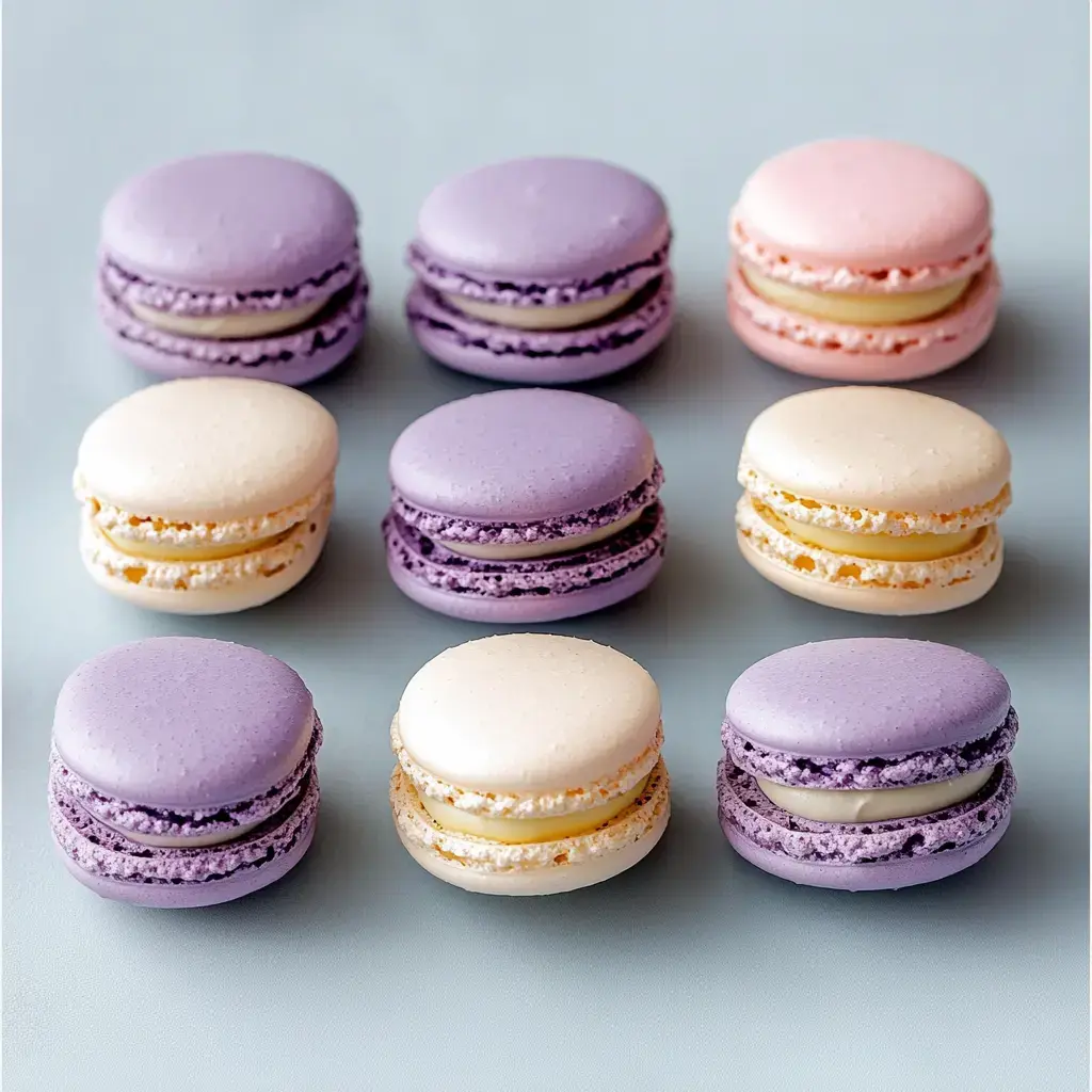 A variety of colorful macarons in purple, white, and pink arranged neatly on a light blue surface.