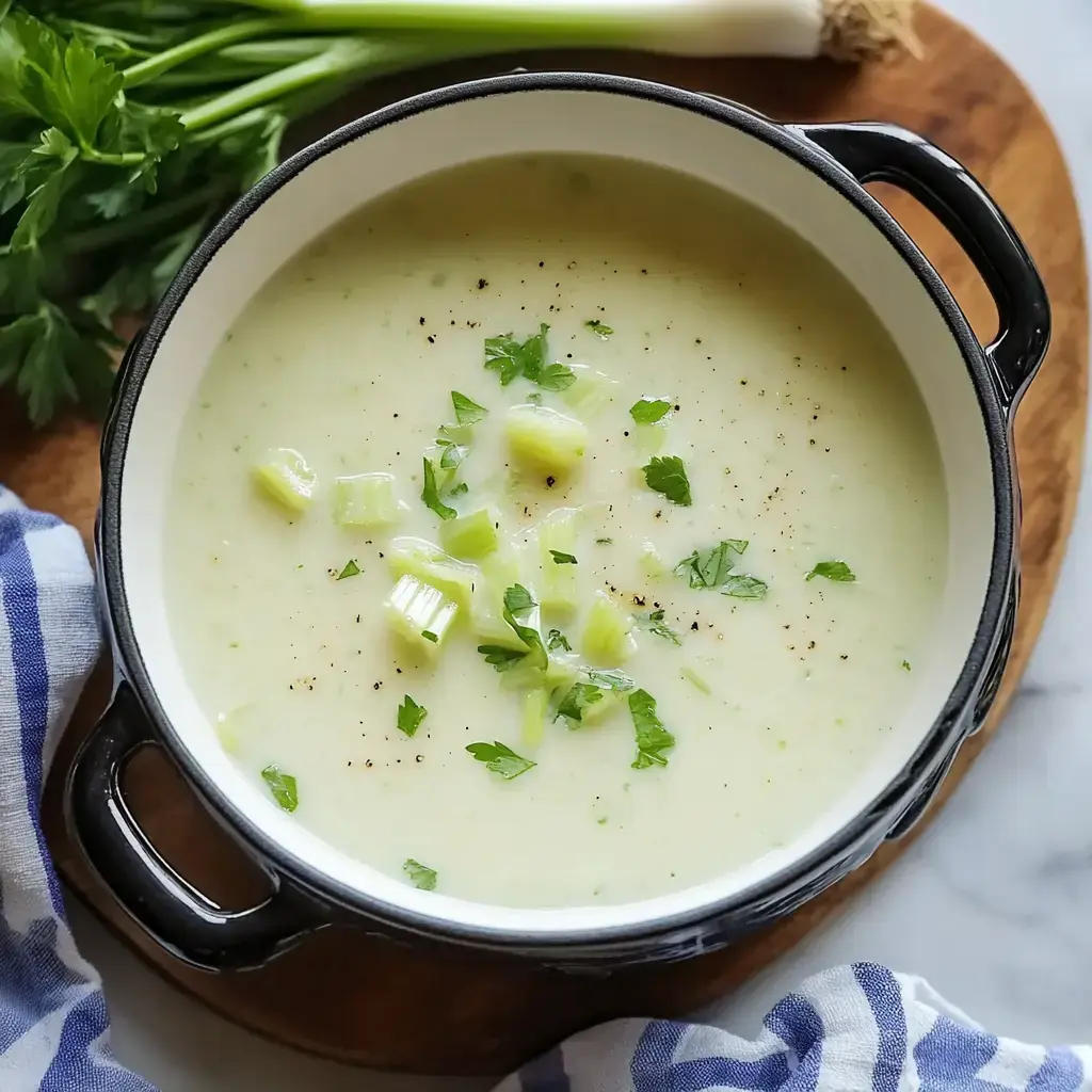 A creamy soup with diced celery and fresh parsley, served in a black-handled bowl on a wooden cutting board.