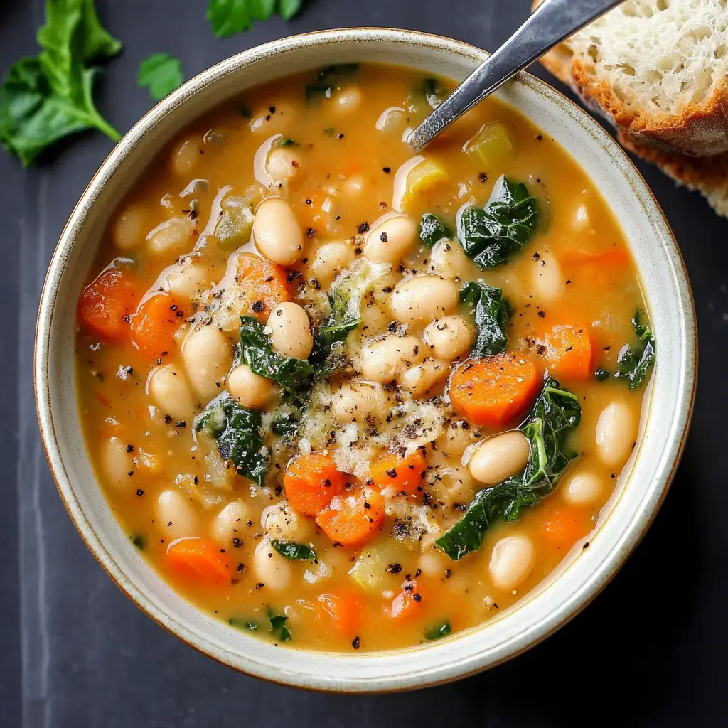 A bowl of hearty white bean and vegetable soup topped with black pepper and served alongside crusty bread.