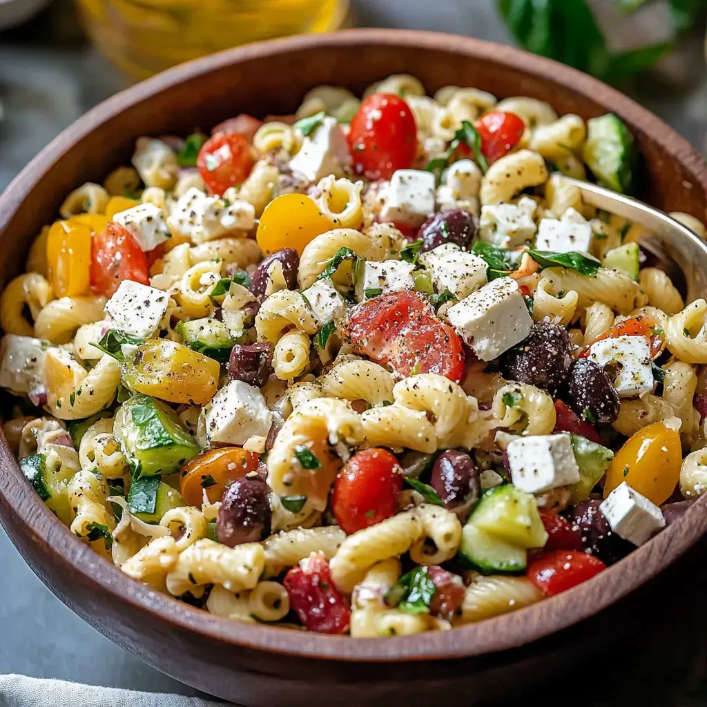 A wooden bowl filled with colorful pasta salad featuring spiral pasta, cherry tomatoes, cucumbers, olives, and crumbled feta cheese, garnished with herbs and black pepper.