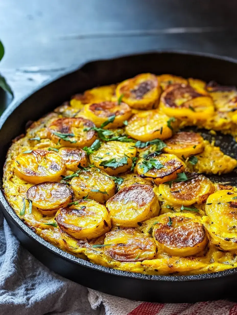 A cast iron skillet filled with golden-brown plantains, garnished with fresh herbs, resting on a gray cloth.