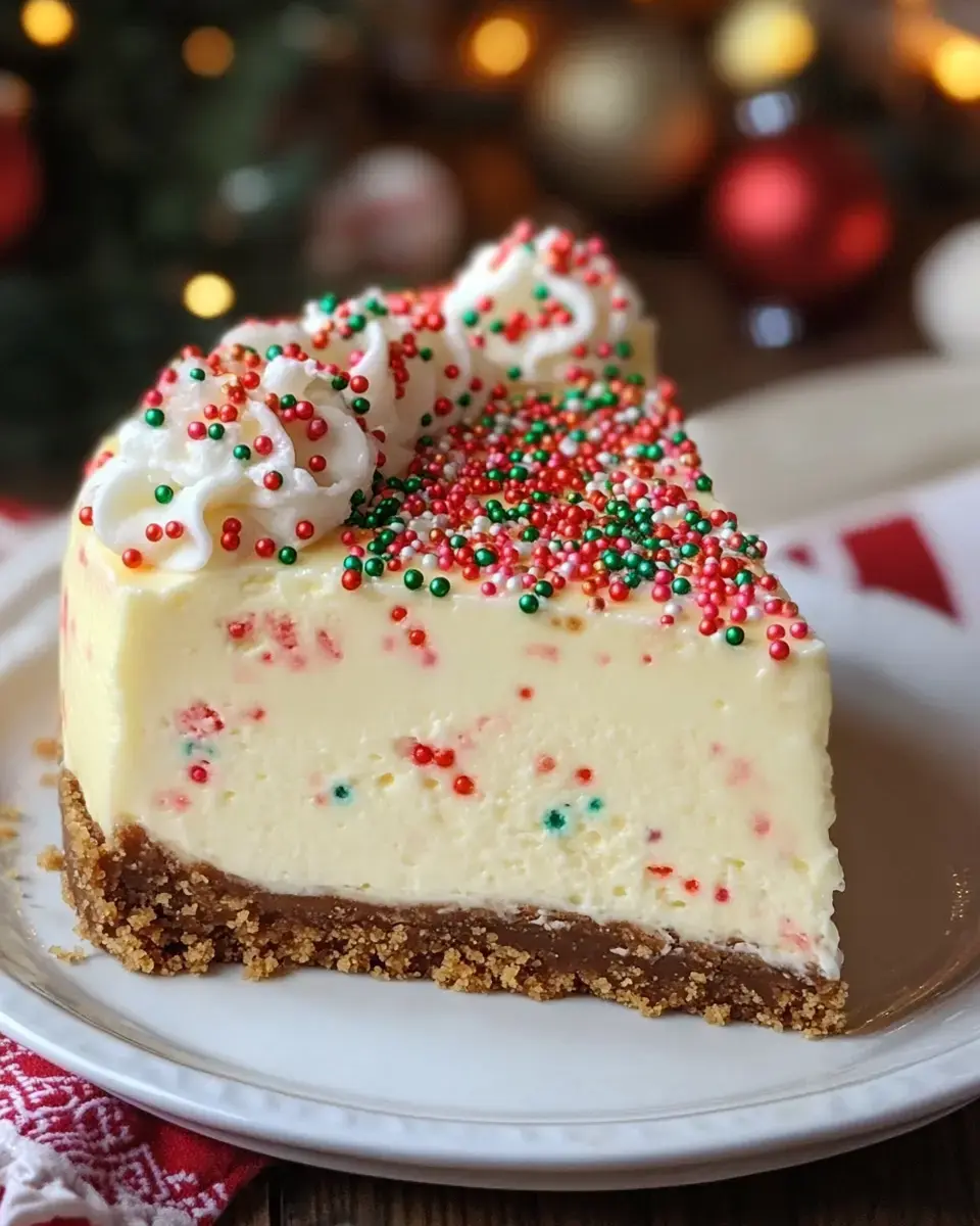 A slice of festive cheesecake topped with colorful sprinkles and whipped cream sits on a white plate, with holiday decorations in the background.