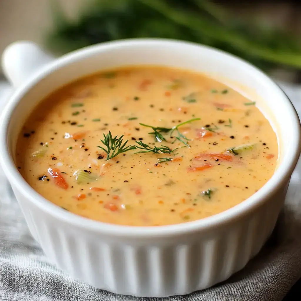 A white bowl filled with creamy soup featuring visible herbs and diced vegetables.