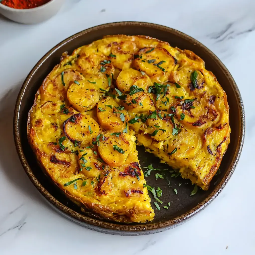 A golden, sliced frittata with potato, garnished with fresh herbs, served on a dark plate.