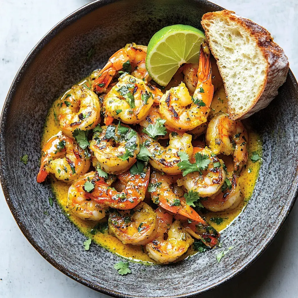 A bowl of grilled shrimp garnished with cilantro and accompanied by a lime wedge and a slice of bread.