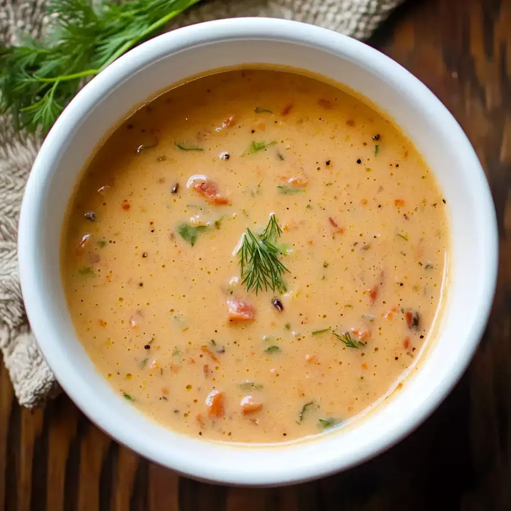 A creamy bowl of soup garnished with a sprig of dill, featuring pieces of herbs and tomatoes.