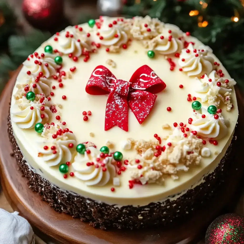 A festive, decorated cake with a cream-colored top, red bow, and vibrant sprinkles is displayed on a wooden stand among holiday decorations.