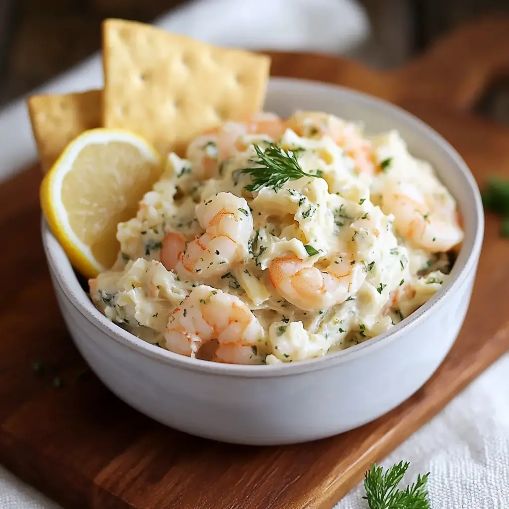 A bowl of creamy shrimp salad garnished with herbs and served with a lemon wedge and crackers.