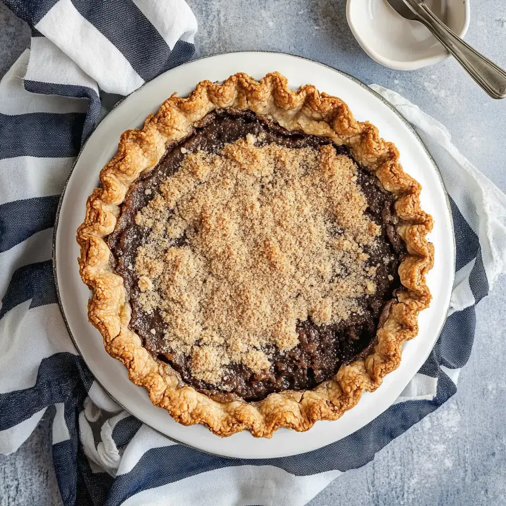 A freshly baked pie with a crumb topping sits on a white plate, surrounded by a striped cloth.