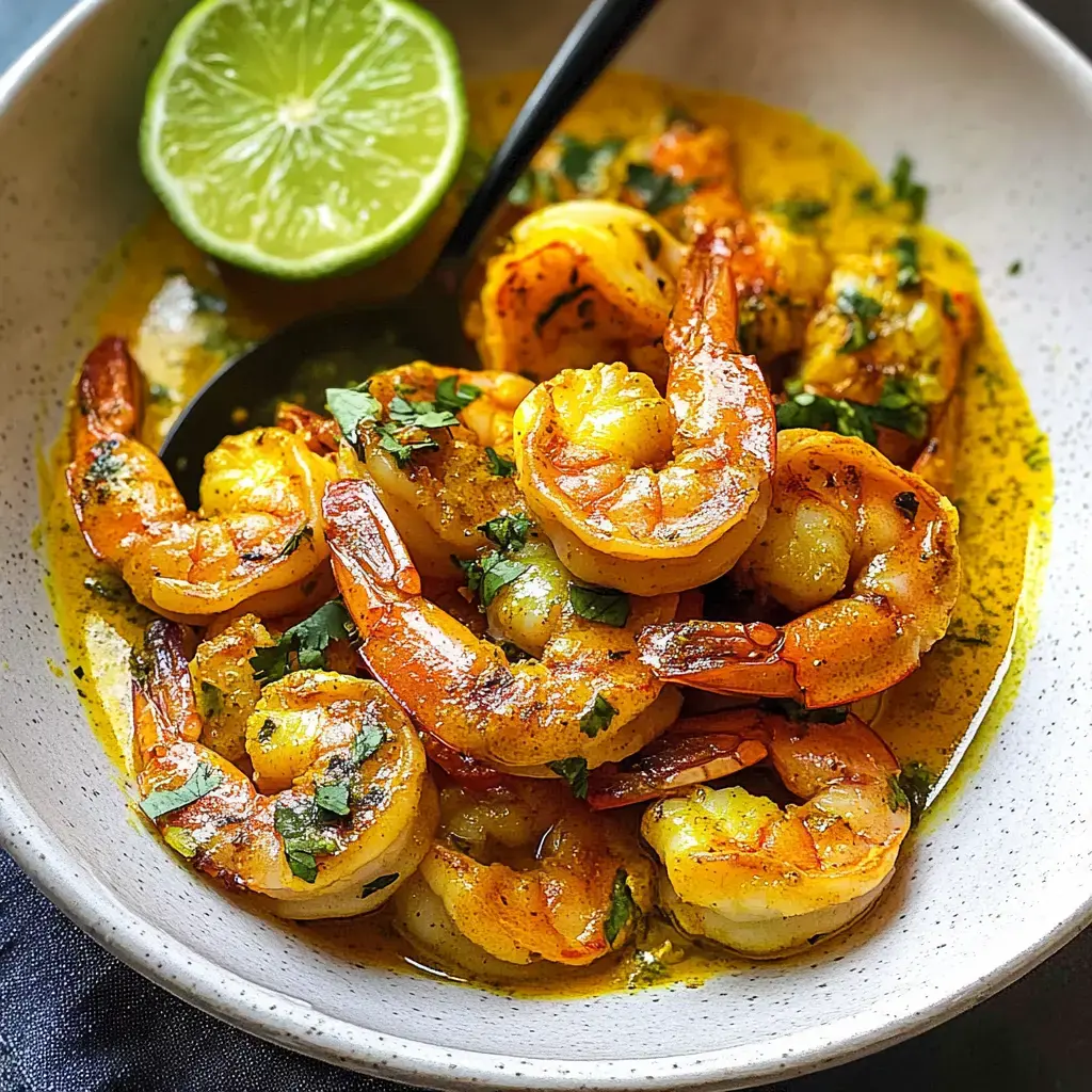 A bowl of sautéed shrimp garnished with cilantro and served with a lime wedge.