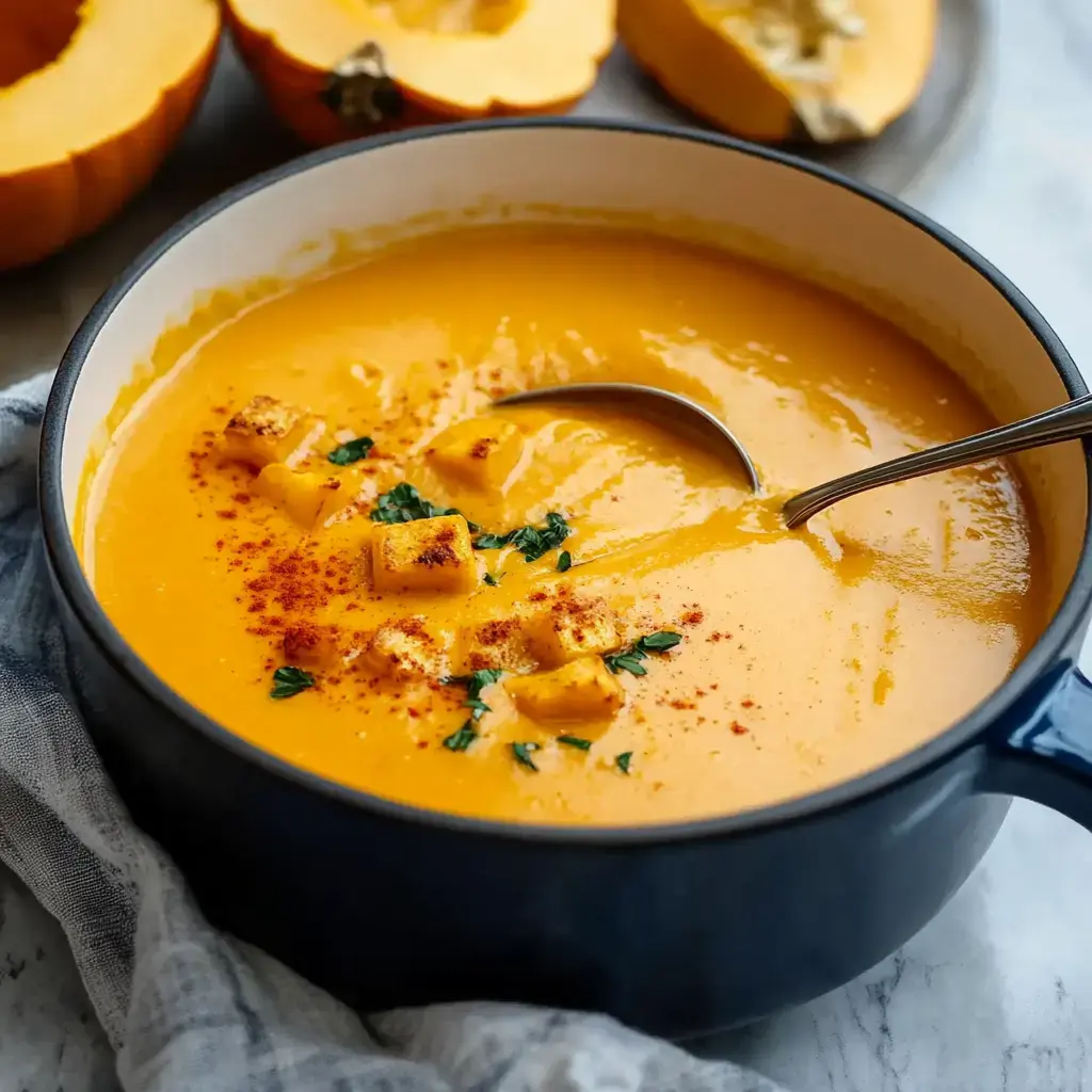 A bowl of creamy orange pumpkin soup garnished with croutons and sprinkled with paprika, with halved pumpkins in the background.