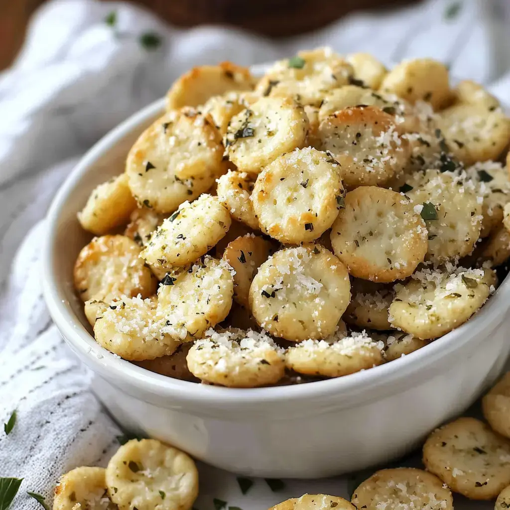 A bowl of crispy crackers seasoned with herbs and topped with grated cheese.