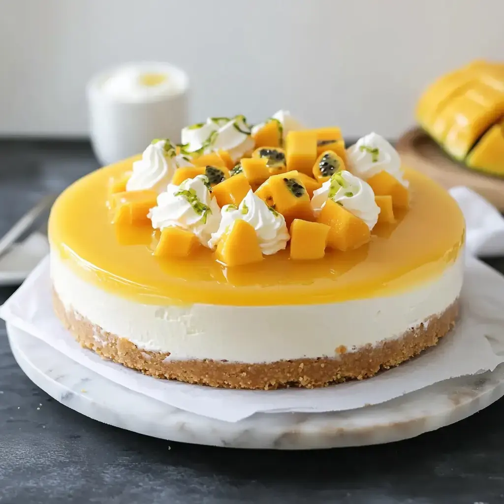 A creamy cheesecake topped with mango puree, fresh mango cubes, and whipped cream, presented on a marble cake stand.