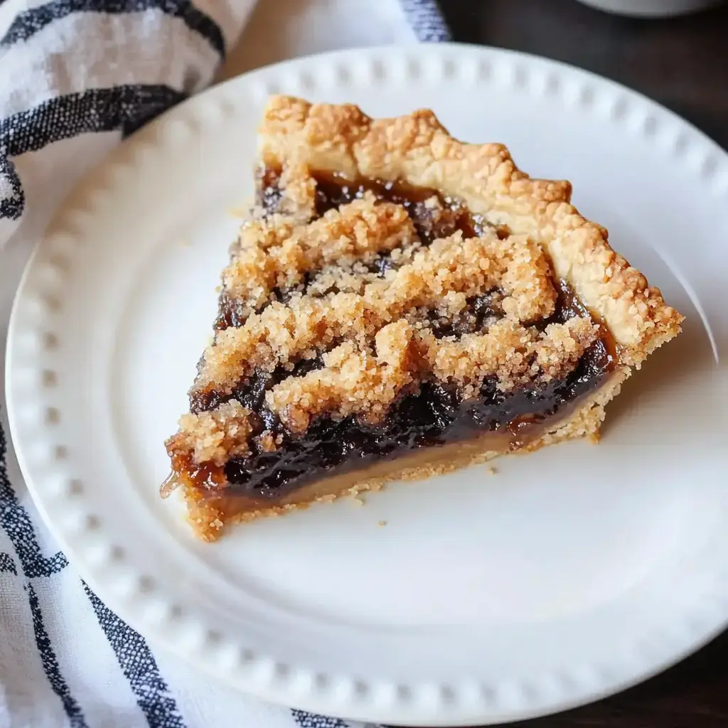 A slice of pie with a flaky crust and a sweet filling, topped with a crumbly brown sugar layer, is presented on a white plate.