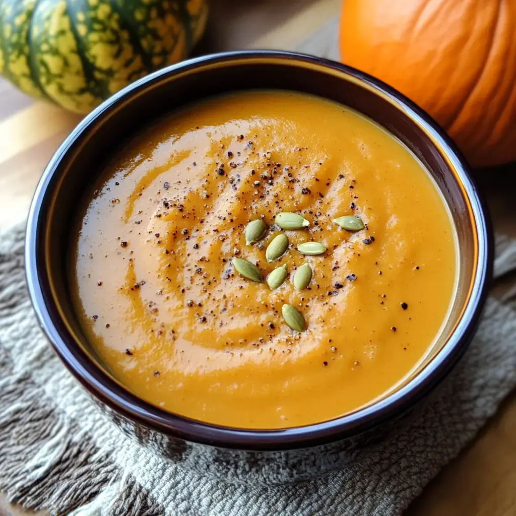 A bowl of creamy orange pumpkin soup topped with pumpkin seeds and black pepper, with pumpkins in the background.