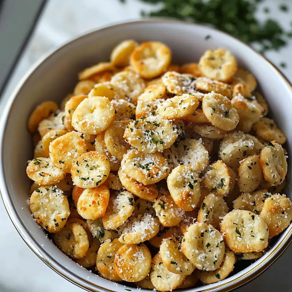 A bowl filled with golden, crispy snack rounds topped with grated cheese and herbs.