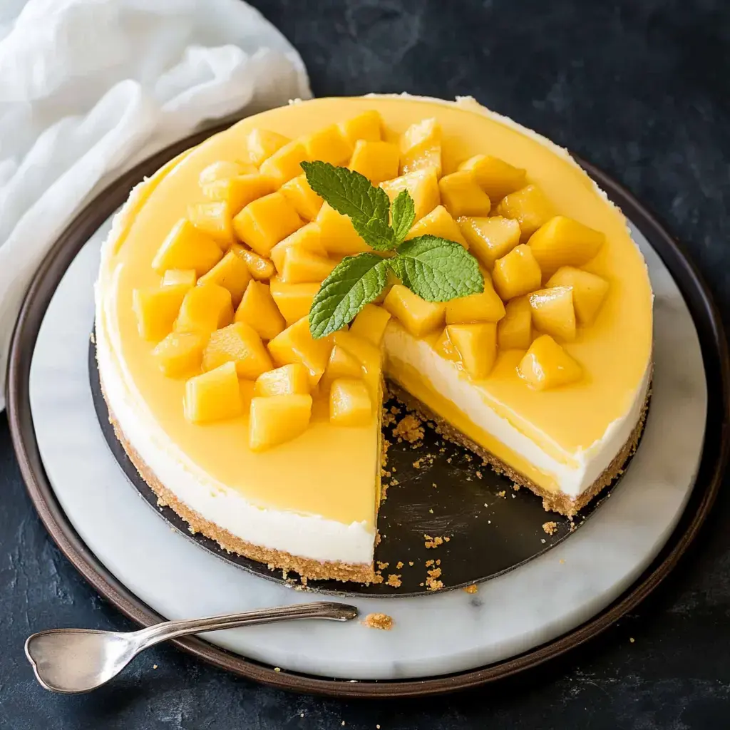 A creamy cheesecake topped with fresh mango chunks and a sprig of mint, with a slice taken out, sits on a marble platter.